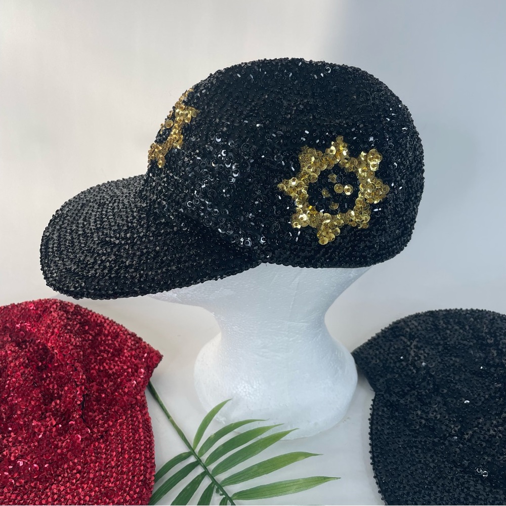 VTG Hurry Up Womens 80’s Sequin Baseball Caps Lot of 3 Disco Rave Black Red Gold
